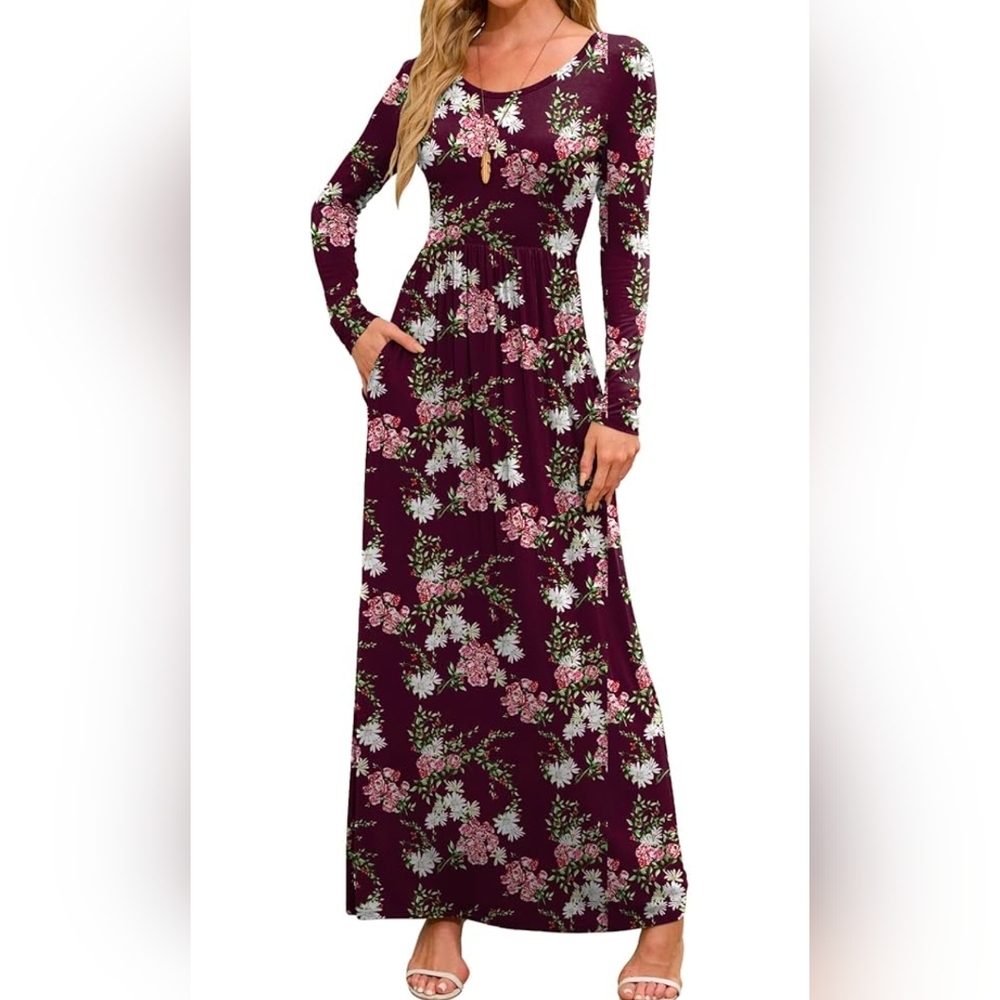 Elegant Burgundy Floral Long Sleeve Dress